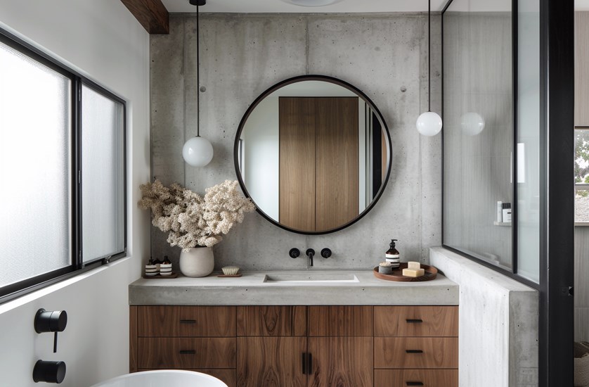 mid century mirror in bathroom