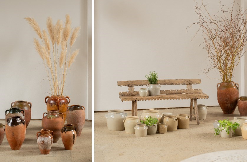 Large Vintage Scribed Terracotta Pots